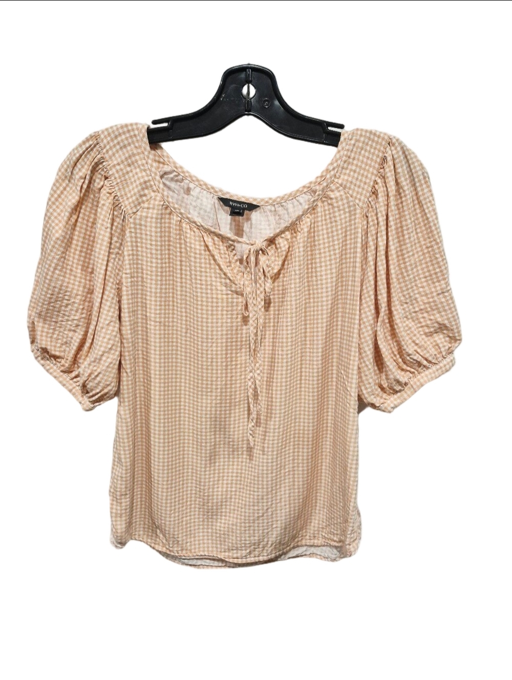 RW&CO. Peach Gingham Peasant Blouse with Tie Neck